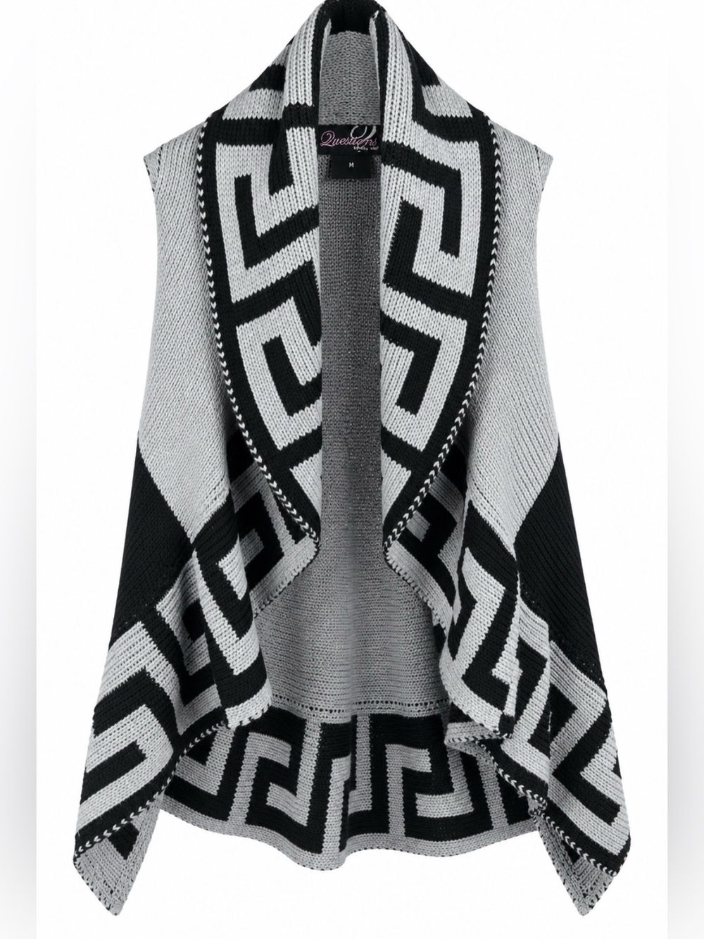 Questions by Say What Black Gray Geometric Knit Vest Cardigan M